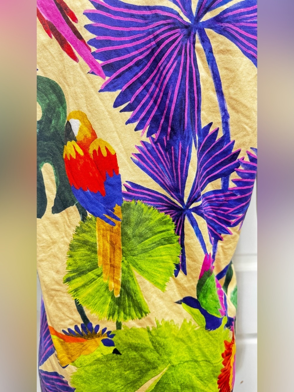 FARM Rio Tropical Macaw Print Mini T Shirt Dress Green, Purple, Cream Sz Medium - Picture 11 of 15